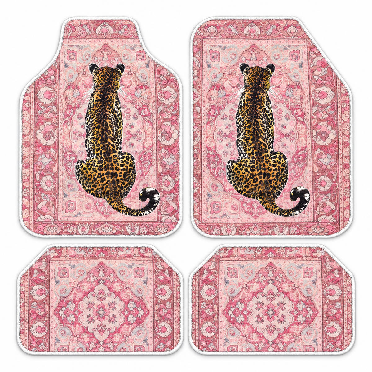 Pembe Saray Leoparı — 4 parça takım vitrini — son kalıp, beyaz overlok