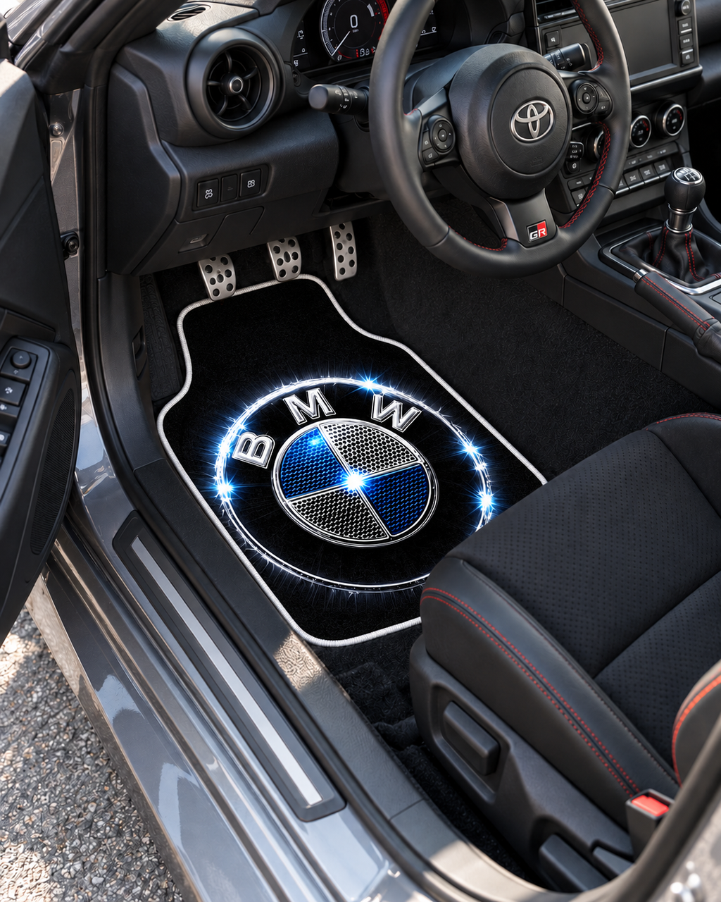 BMW Gece Parıltısı — sol sürücü kapısından araç içi — son kalıp, beyaz overlok