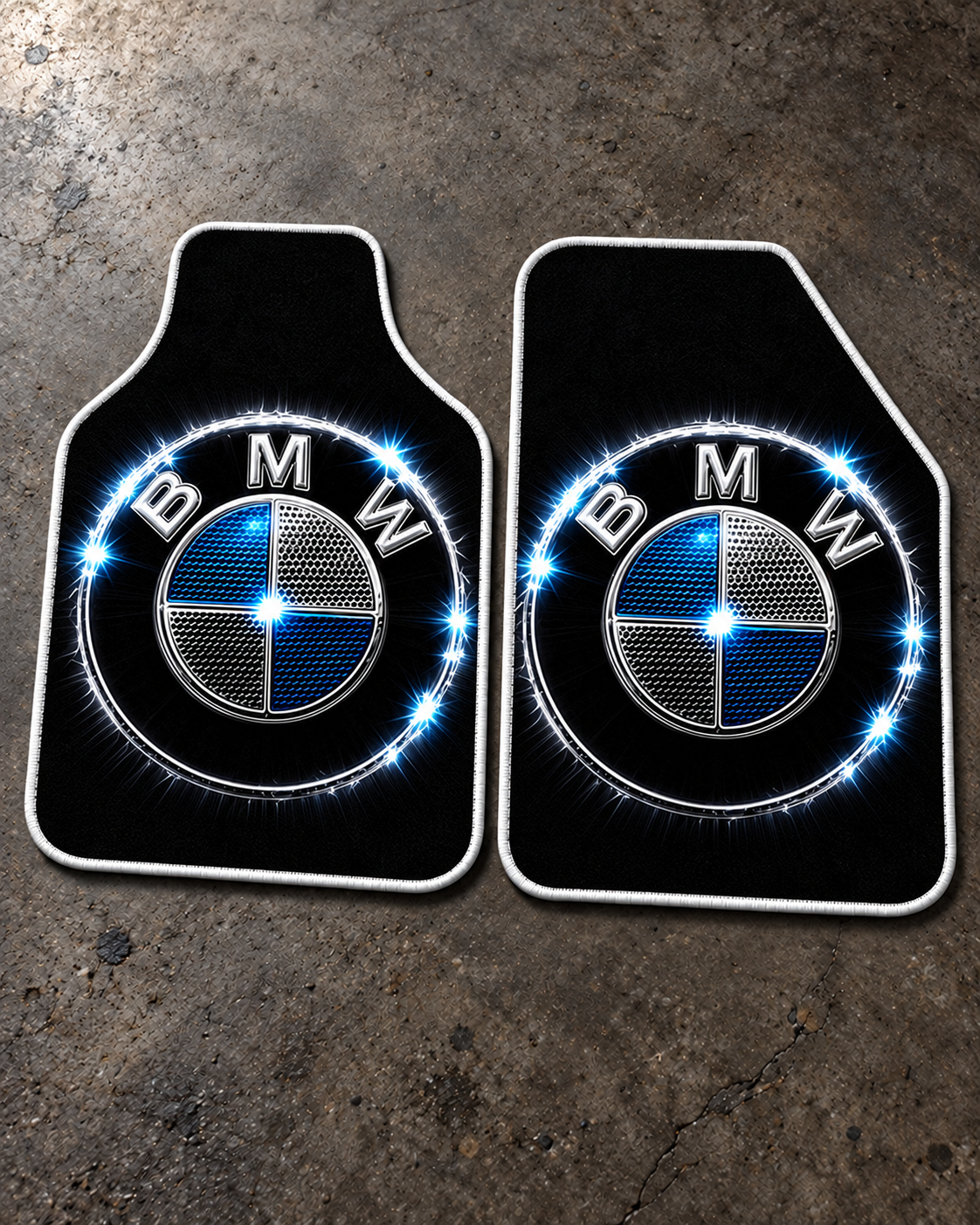 BMW Gece Parıltısı — beton zeminde ön paspaslar — son kalıp, beyaz overlok