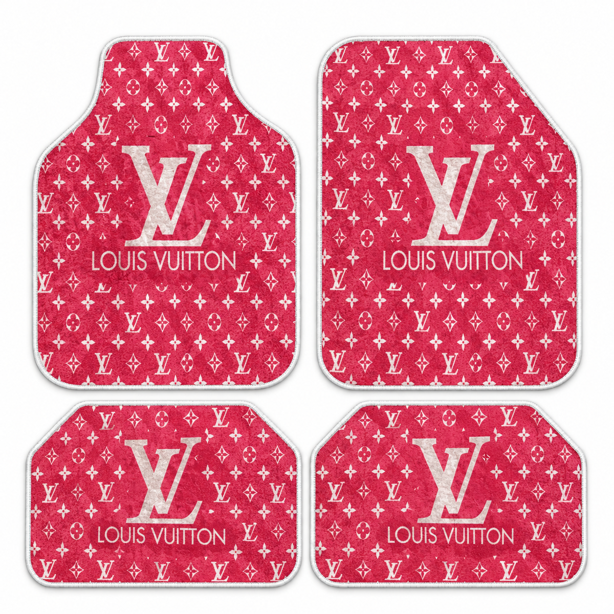 LV Fuşya Monogram — 4 parça takım vitrini — son kalıp, beyaz overlok