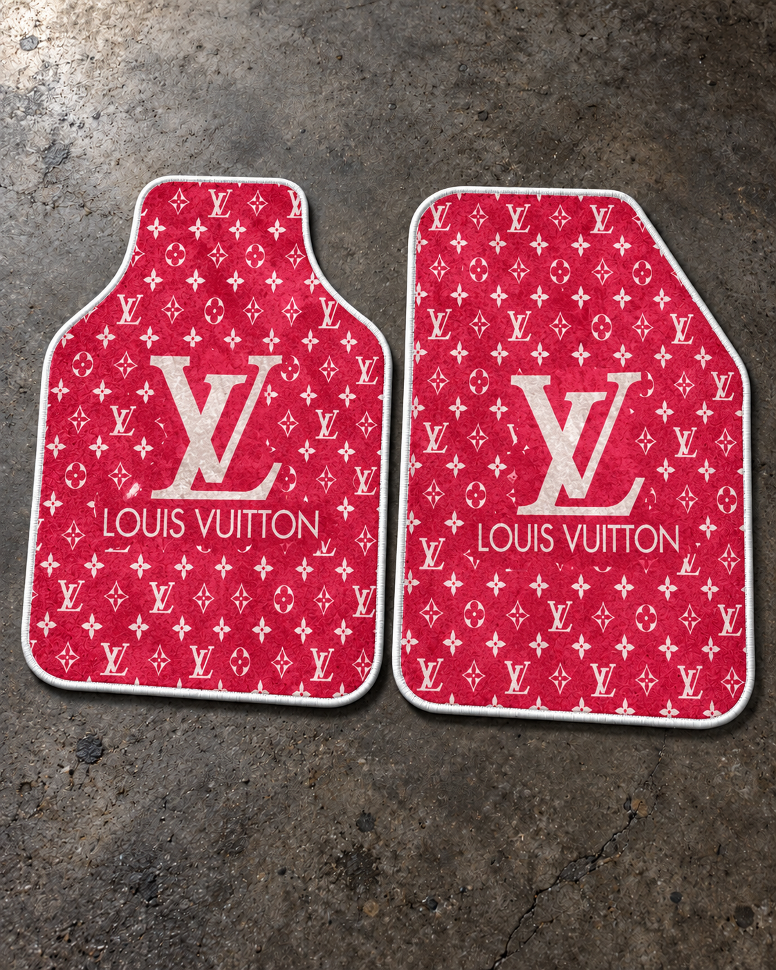 LV Fuşya Monogram — beton zeminde ön paspaslar — son kalıp, beyaz overlok