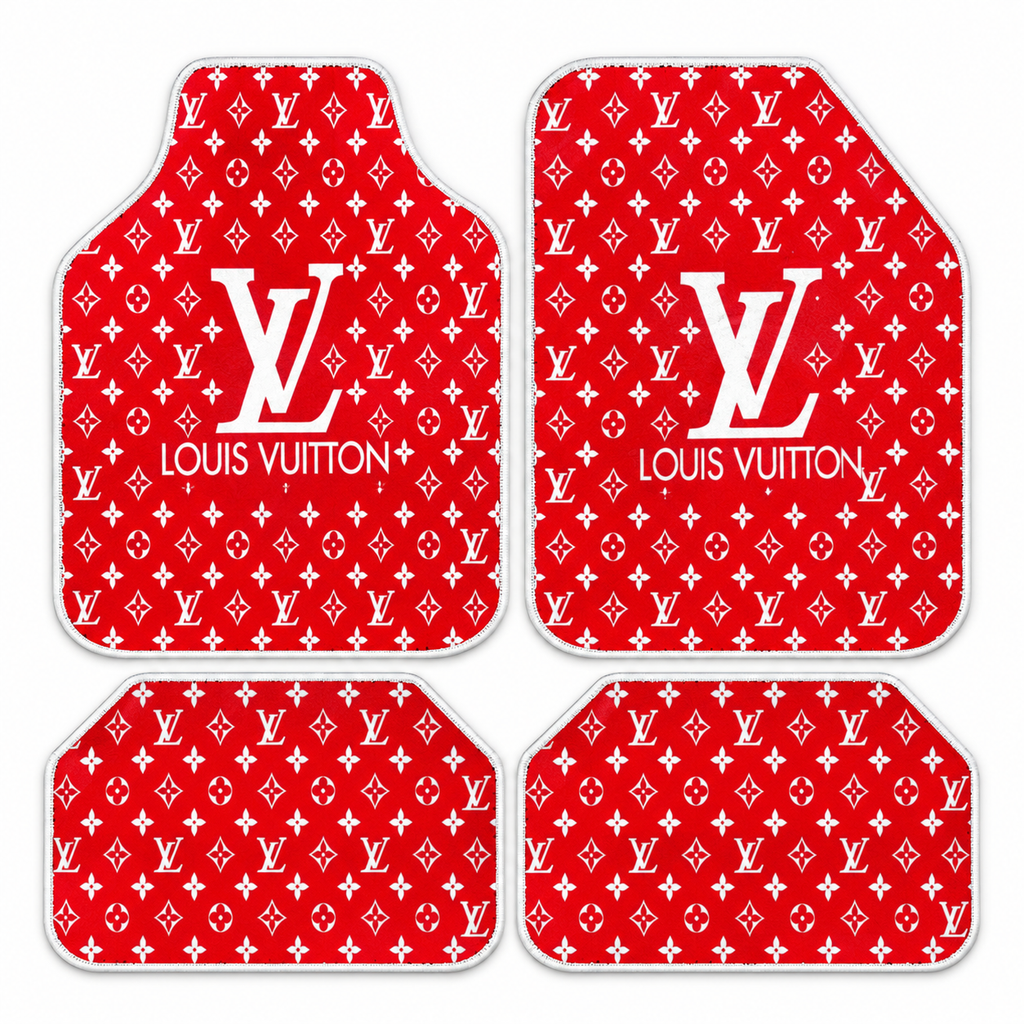 LV Kırmızı Monogram — 4 parça takım vitrini — son kalıp, beyaz overlok