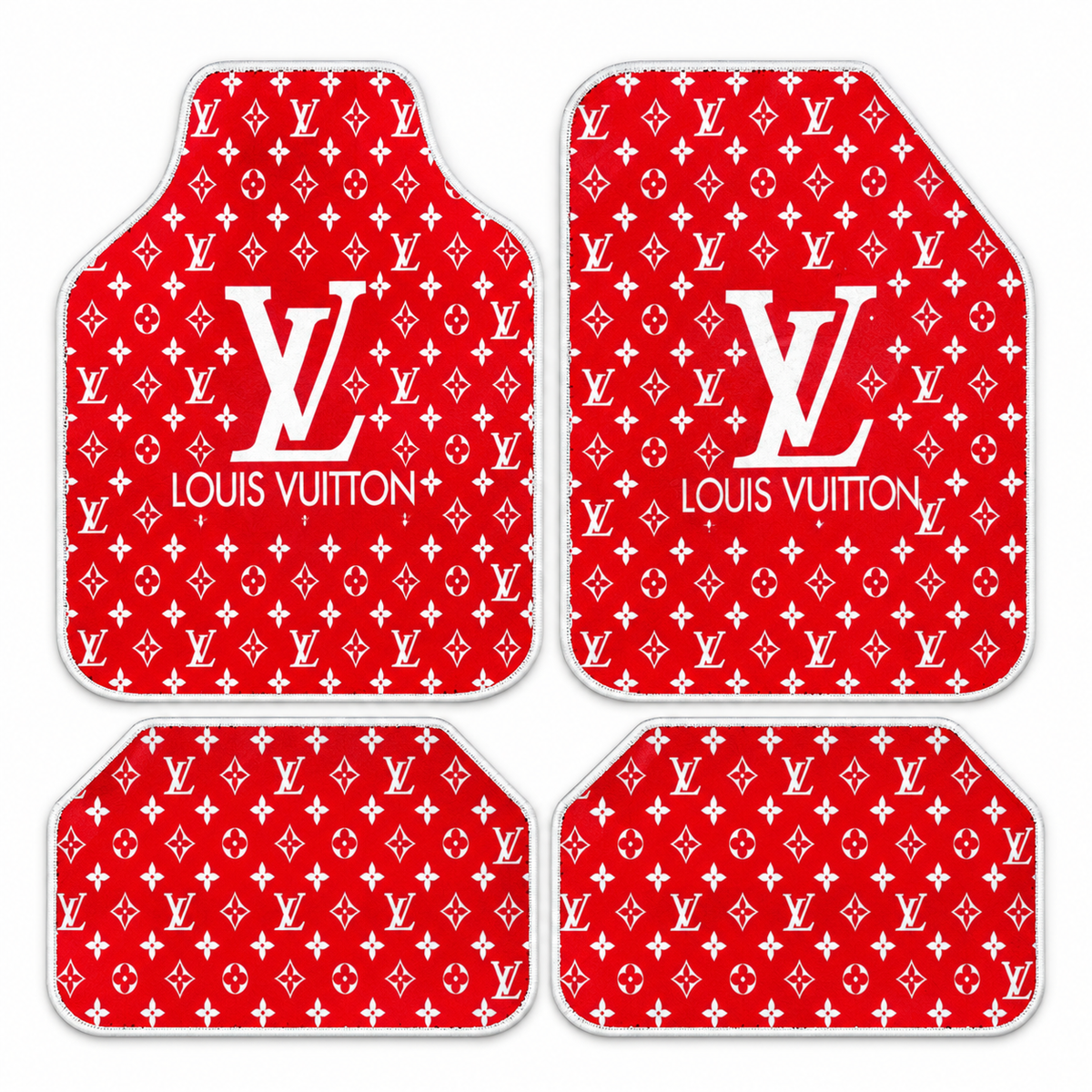 LV Kırmızı Monogram — 4 parça takım vitrini — son kalıp, beyaz overlok