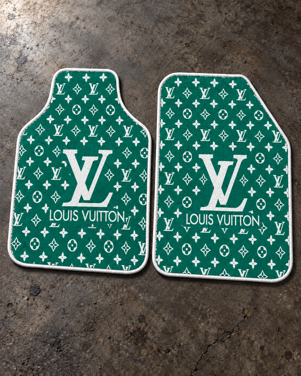 LV Yeşil Monogram — beton zeminde ön paspaslar — son kalıp, beyaz overlok