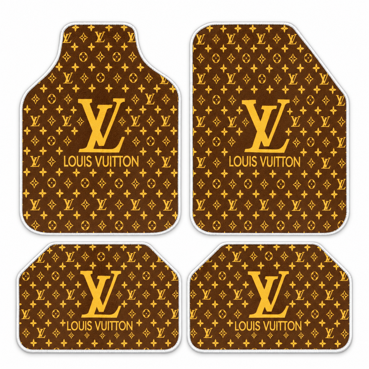 LV Kahve Altın — 4 parça takım vitrini — son kalıp, beyaz overlok