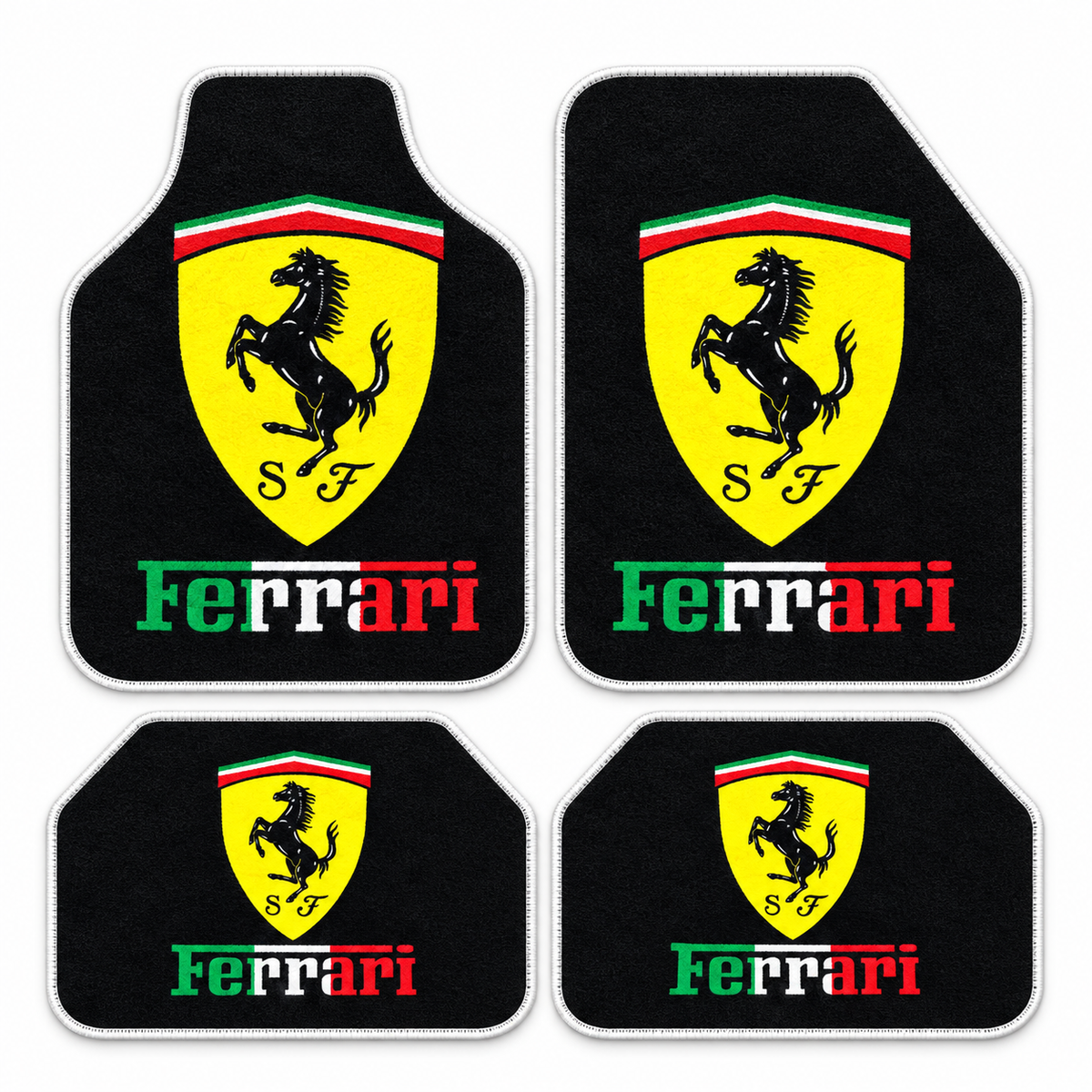 Ferrari Gece Amblemi — 4 parça takım vitrini — son kalıp, beyaz overlok