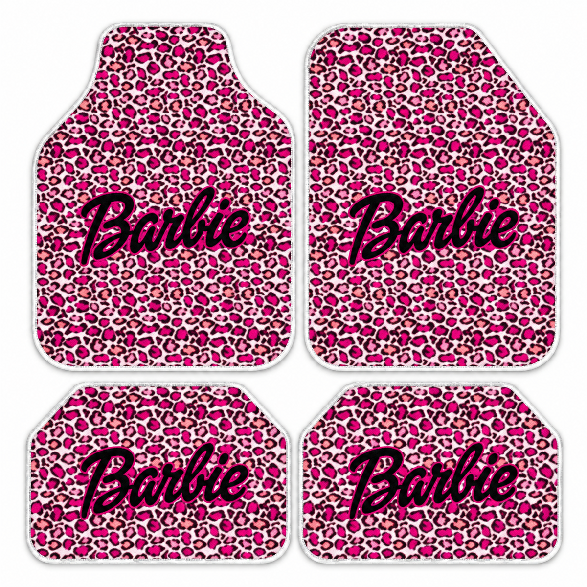 Barbie Pembe Leopar — 4 parça takım vitrini — son kalıp, beyaz overlok