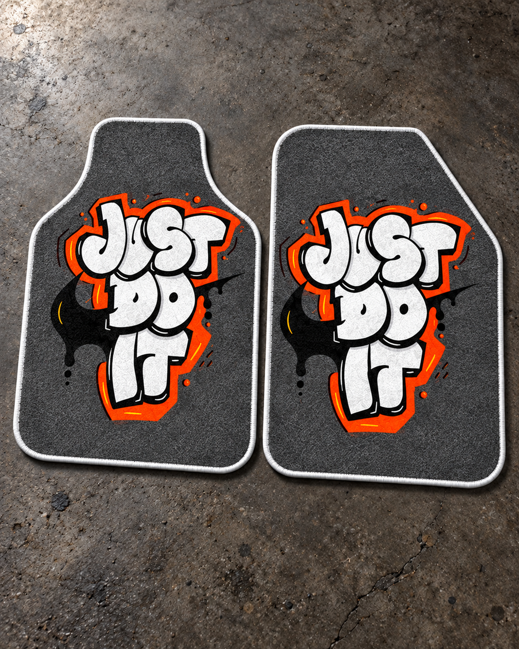 Just Do It Grafiti — beton zeminde ön paspaslar — son kalıp, beyaz overlok