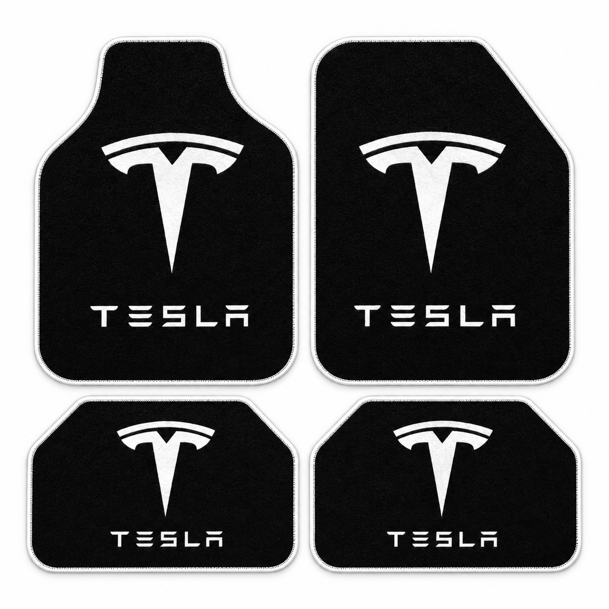 Tesla Gece Amblemi — 4 parça takım vitrini — son kalıp, beyaz overlok