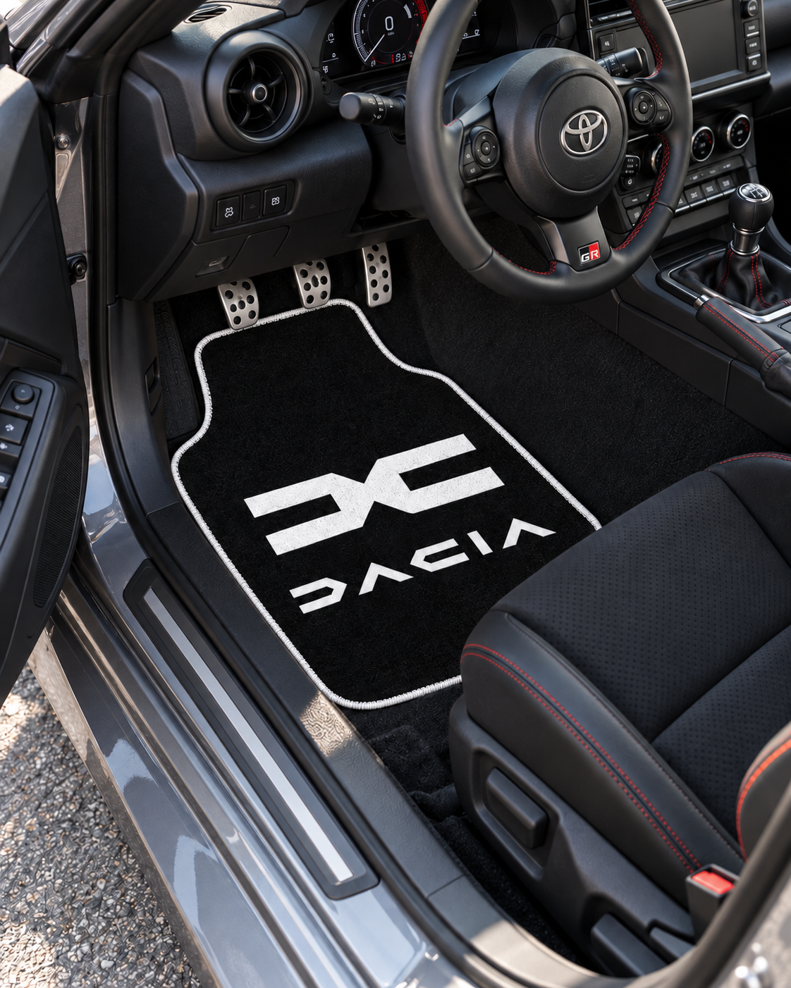 Dacia Gece Amblemi — sol sürücü kapısından araç içi — son kalıp, beyaz overlok