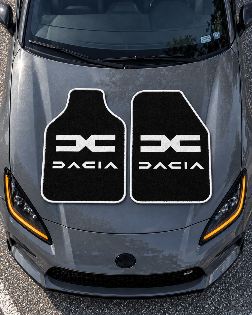 Dacia Gece Amblemi — tepeden gri GR86 kaputu — son kalıp, beyaz overlok