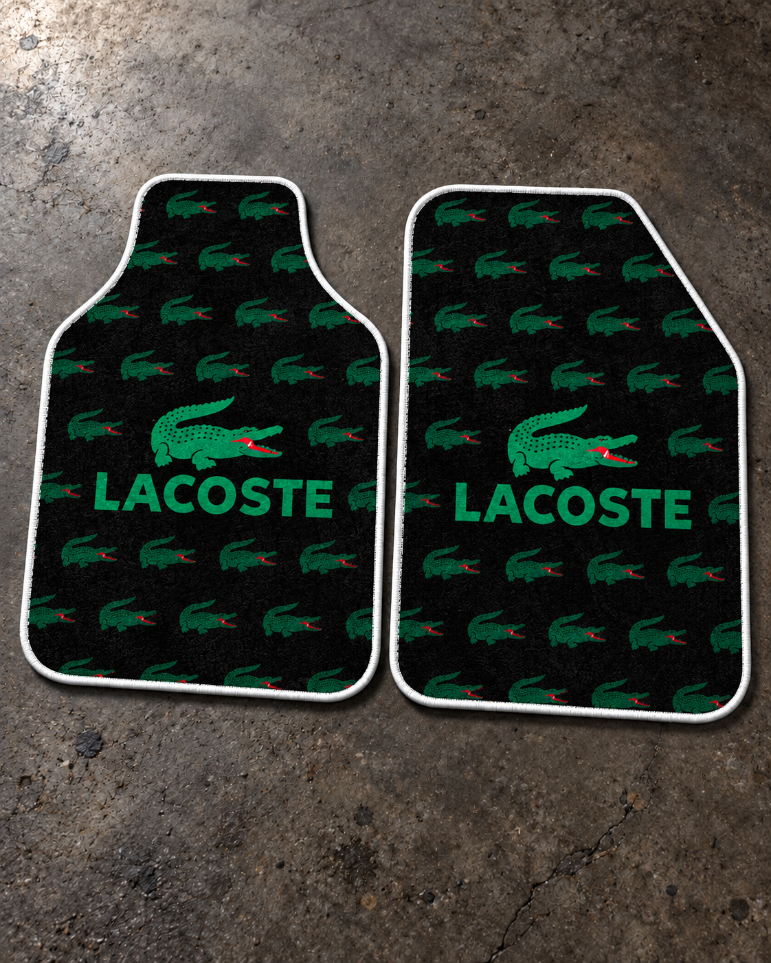 Lacoste Siyah Monogram — beton zeminde ön paspaslar — son kalıp, beyaz overlok