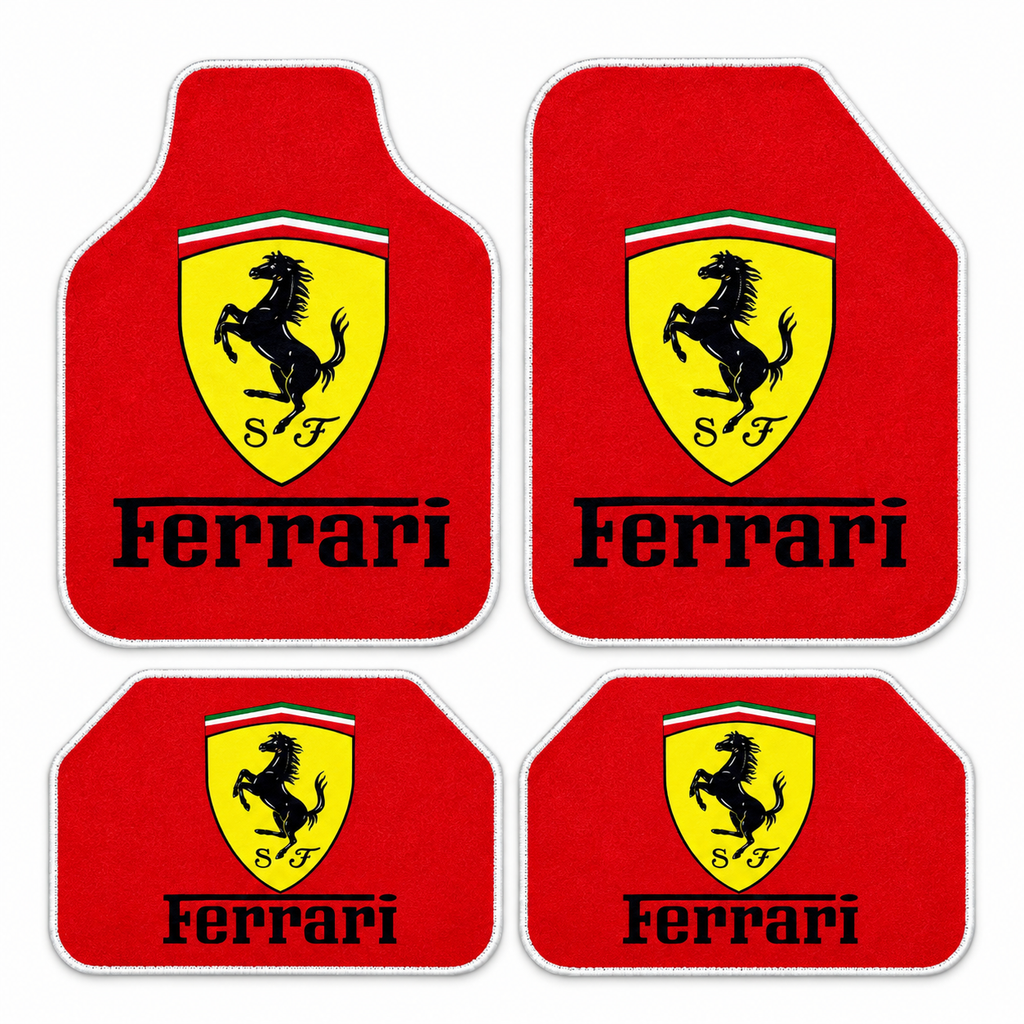 Ferrari Kırmızı Amblem — 4 parça takım vitrini — son kalıp, beyaz overlok