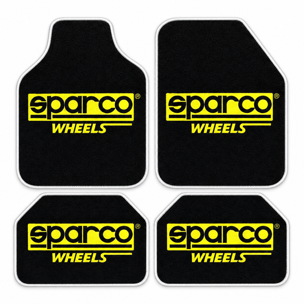 Sparco Sarı Gece — 4 parça takım vitrini — son kalıp, beyaz overlok