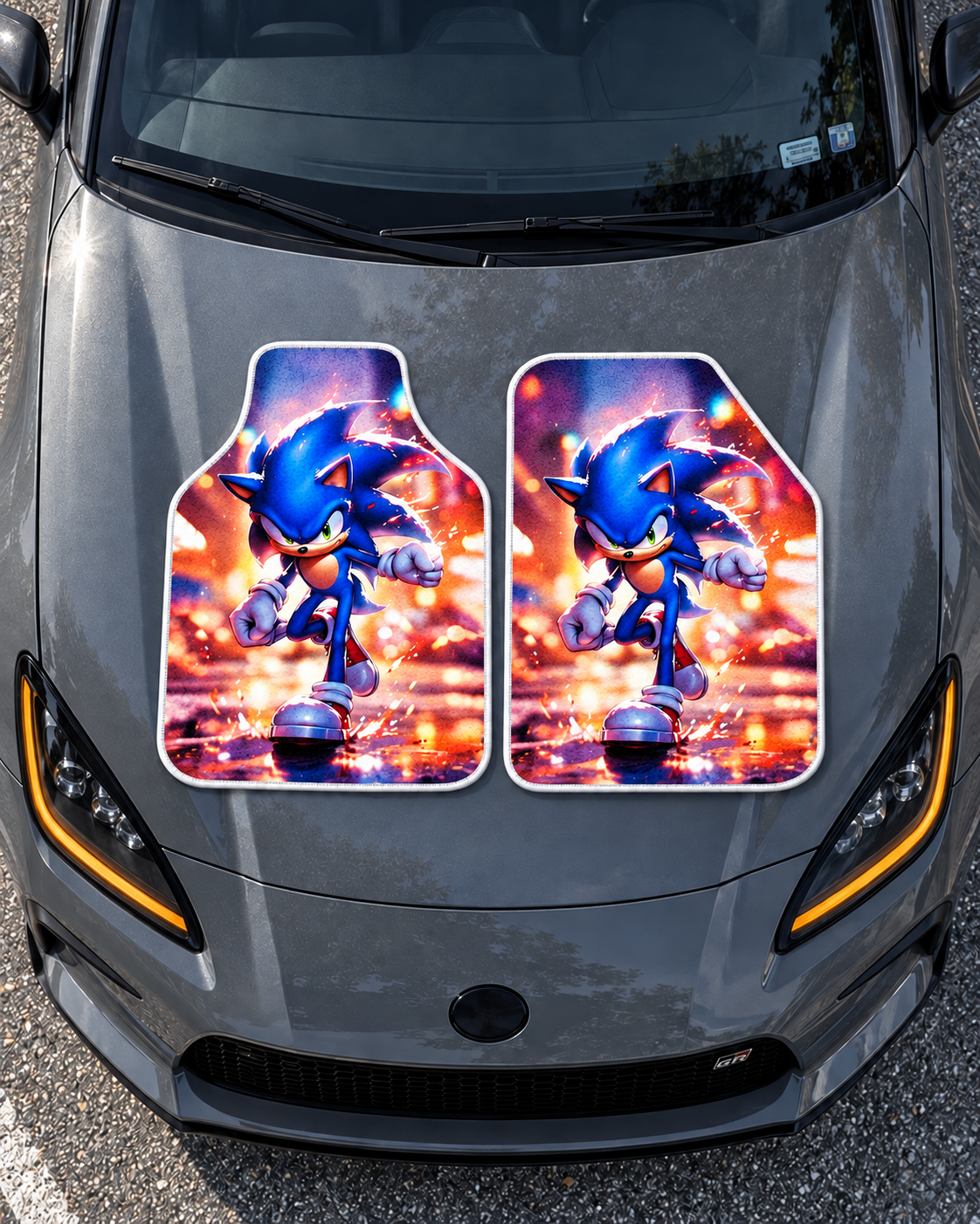 Sonic Hız Işığı — tepeden gri GR86 kaputu — son kalıp, beyaz overlok