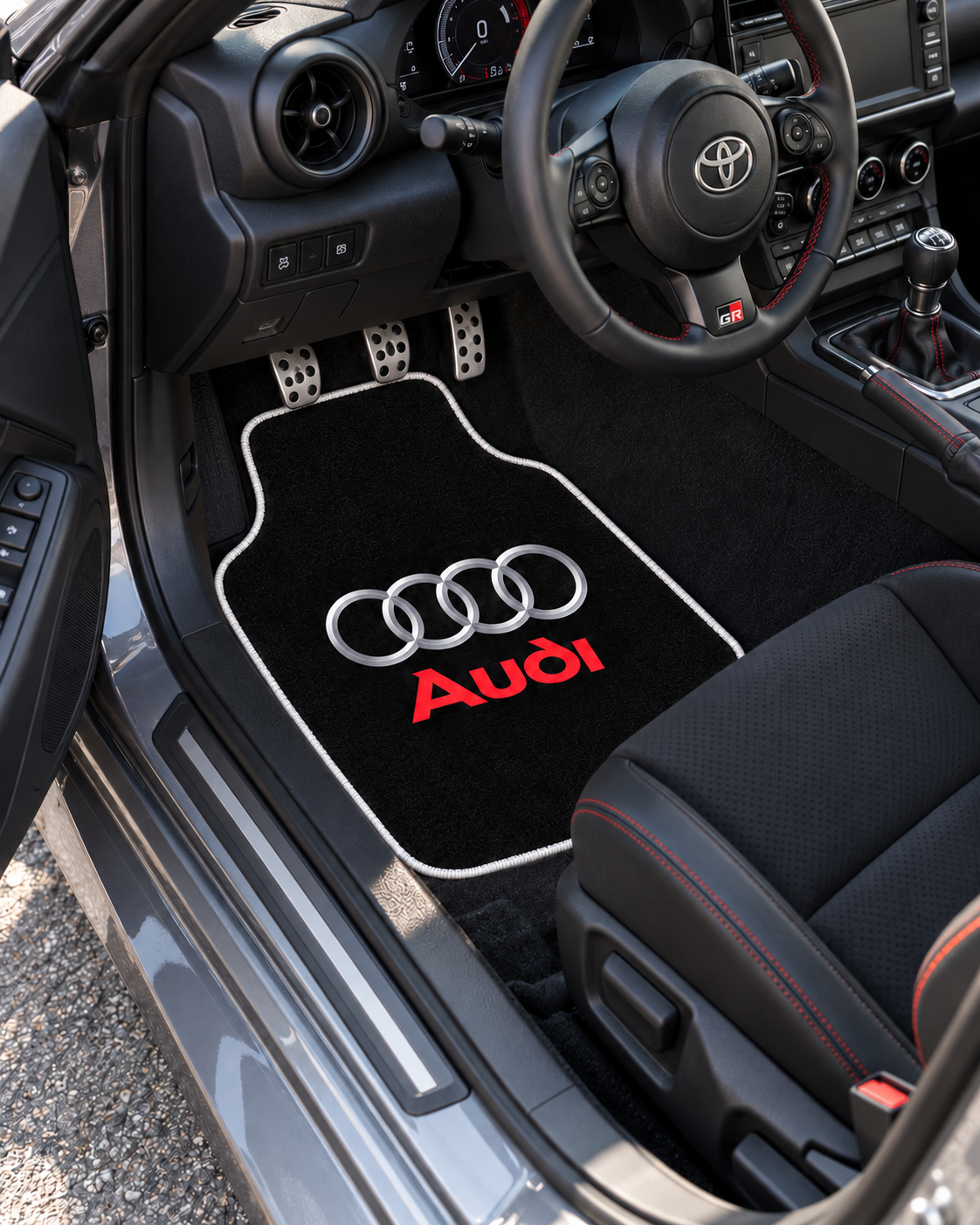 Audi Gece Amblemi — sol sürücü kapısından araç içi — son kalıp, beyaz overlok