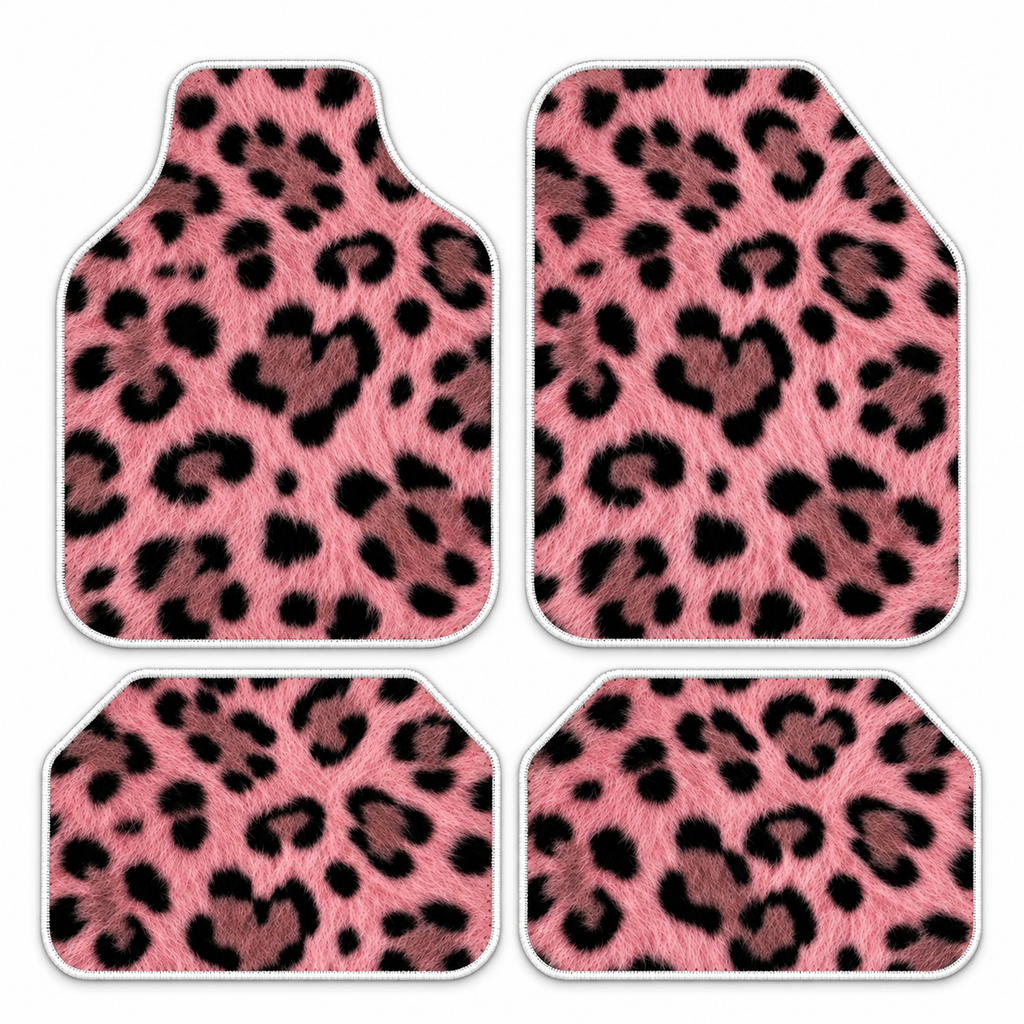 Pembe Pelüş Leopar — 4 parça takım vitrini — son kalıp, beyaz overlok