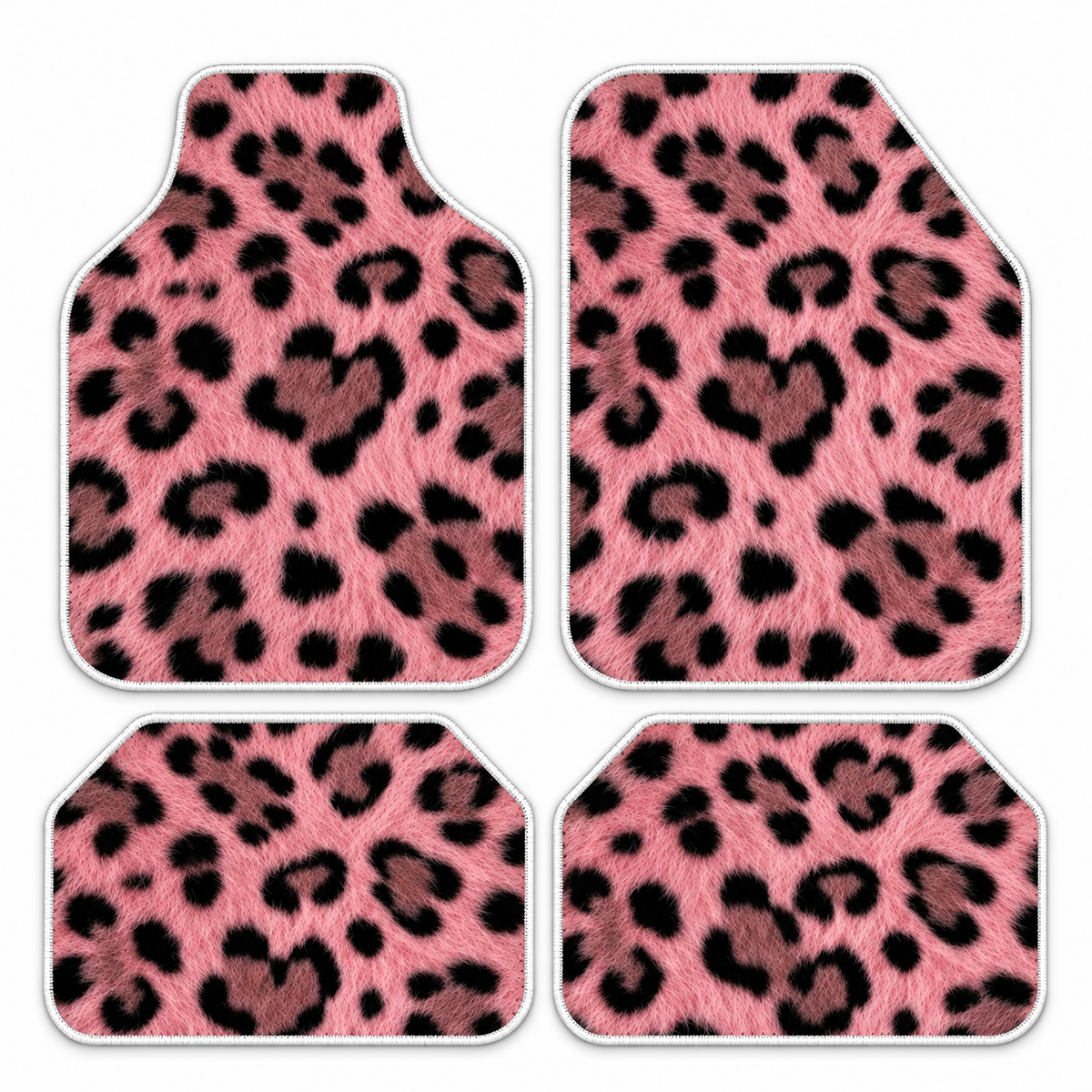Pembe Pelüş Leopar — 4 parça takım vitrini — son kalıp, beyaz overlok